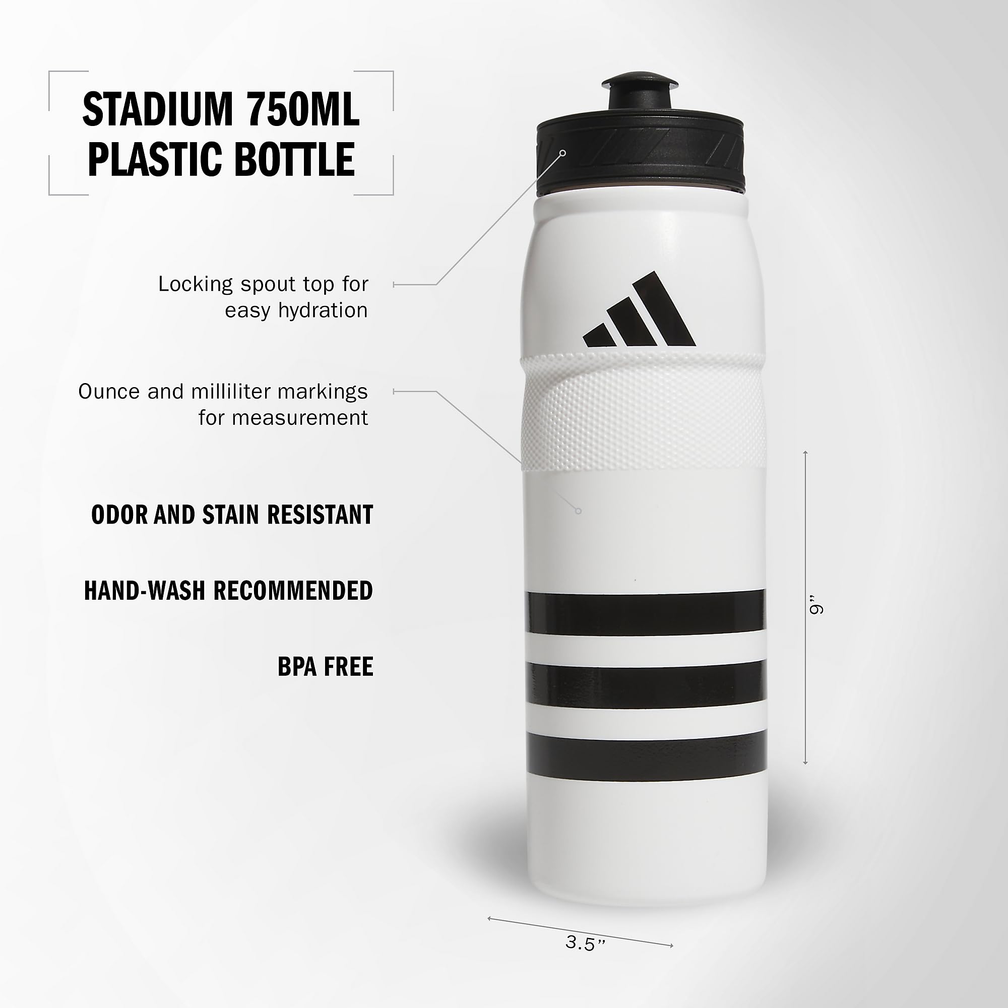 Adidas 750 Ml (28 Oz) Stadium Refillable Plastic Sport Water Bottle, White/Black/Black/2, One Size